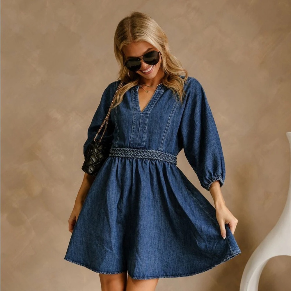 Lalavon Puff Sleeve Braided Belt Denim Dress Medium